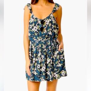 FREE PEOPLE Dear You Blue Green Floral Ruffle Flare Casual Sundress Size Medium